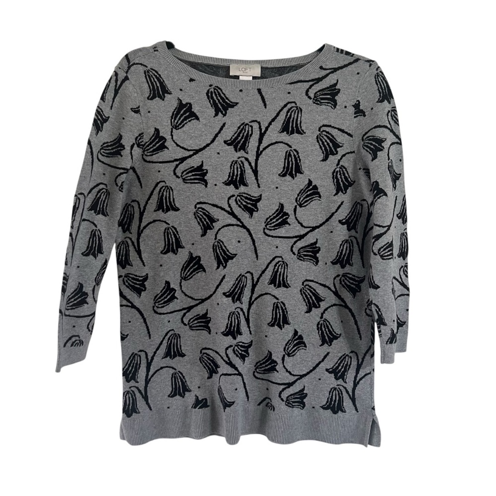 Ann Taylor Loft Gray Black Floral Sweater Pullover Size Large Cotton GUC